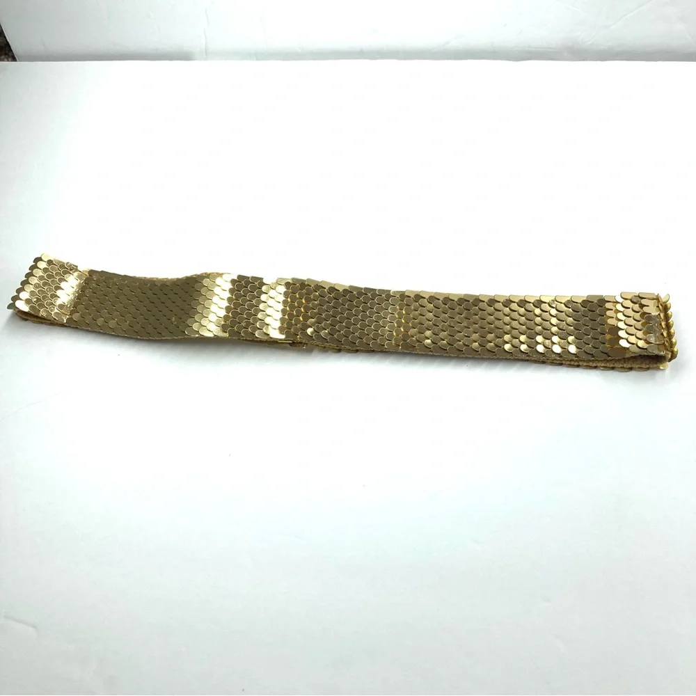 Vintage 80s Gold Metallic Fish Scale Belt Stretch Disco Glam Flower Buckle Large